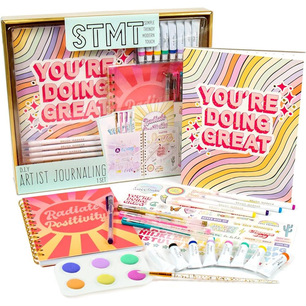 imageSTMT DIY Journal Set 70Sheet Hardcover SpiralBound Kit Over 35 Stationery Supplies Including Stickers Frames Pen Keychain Glue Stick ampamp More Girls GiftsArtist Stationery Set