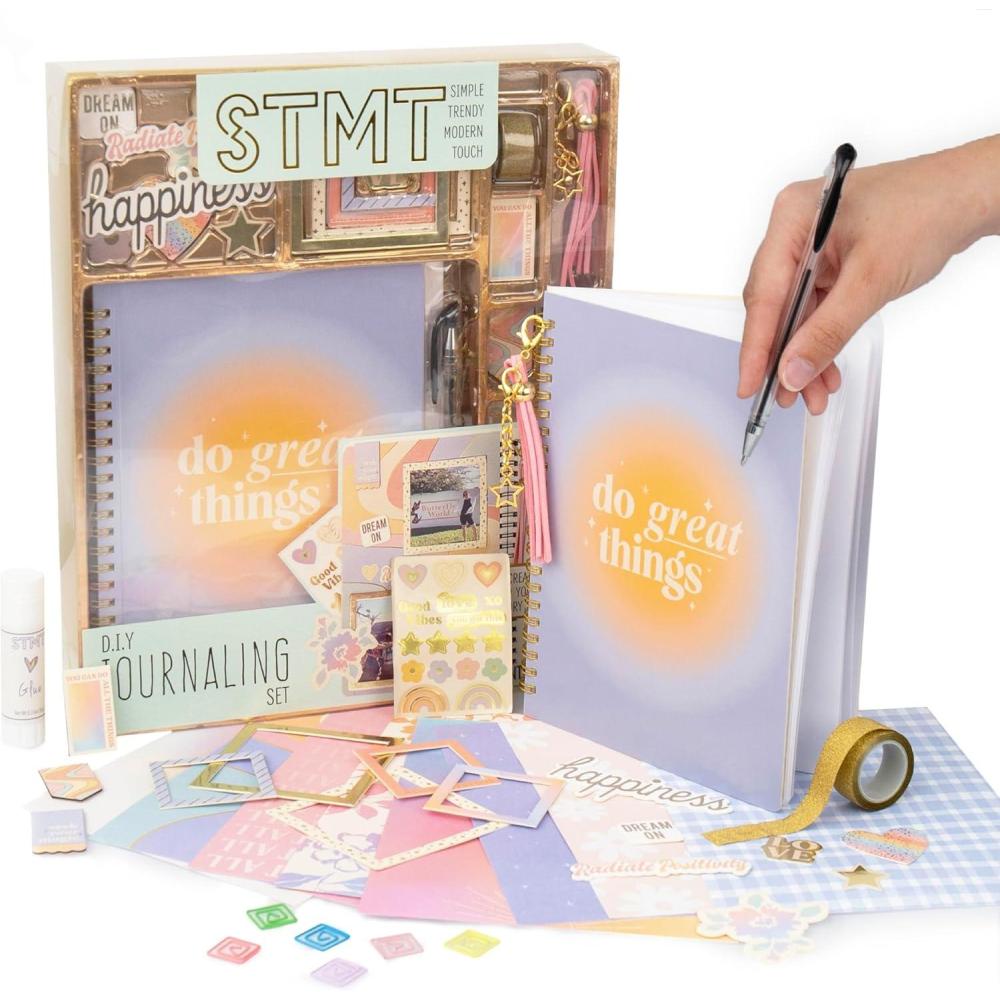 imageSTMT DIY Journal Set 70Sheet Hardcover SpiralBound Kit Over 35 Stationery Supplies Including Stickers Frames Pen Keychain Glue Stick ampamp More Girls GiftsHappiness Journaling Set