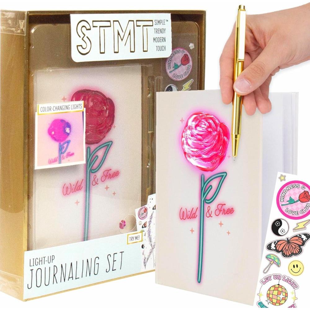 imageSTMT DIY Journal Set 70Sheet Hardcover SpiralBound Kit Over 35 Stationery Supplies Including Stickers Frames Pen Keychain Glue Stick ampamp More Girls GiftsLight Up Journaling Set
