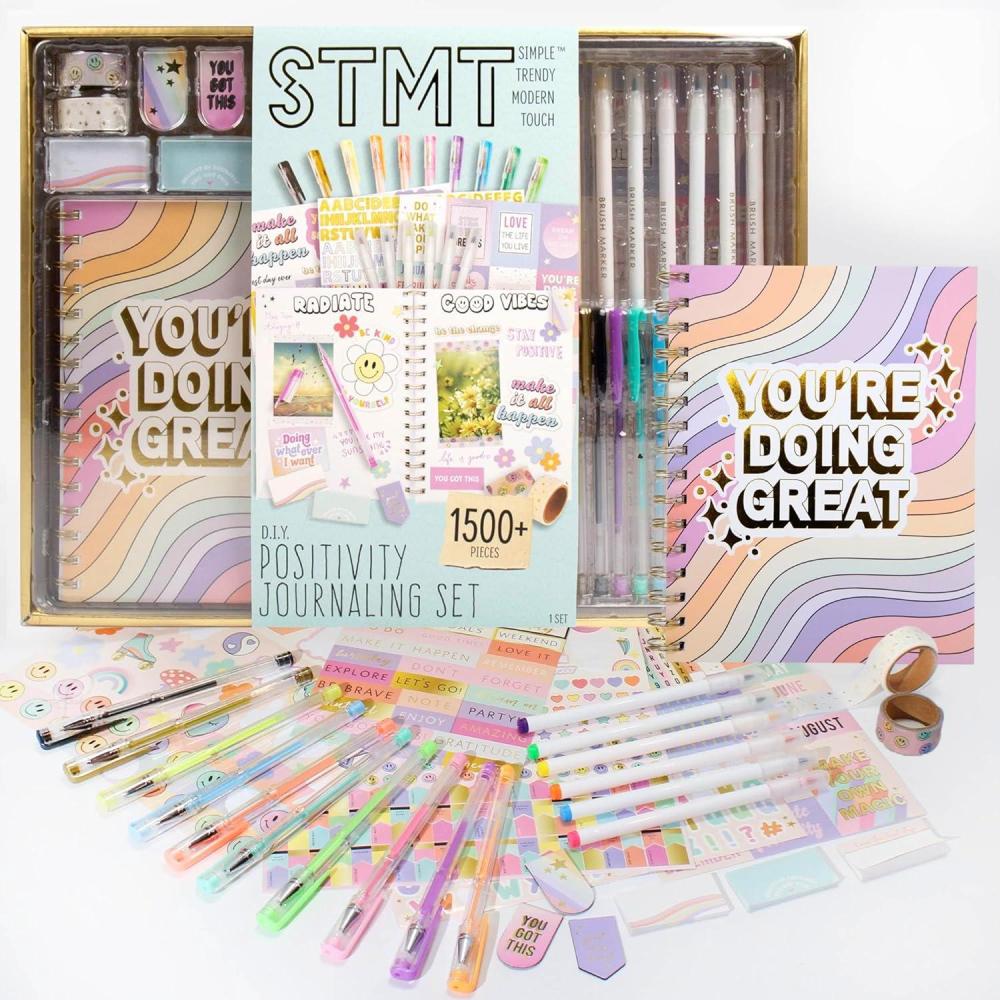 imageSTMT DIY Journal Set 70Sheet Hardcover SpiralBound Kit Over 35 Stationery Supplies Including Stickers Frames Pen Keychain Glue Stick ampamp More Girls GiftsPositivity Journaling Set
