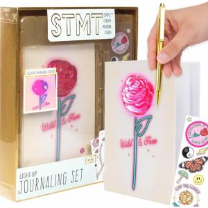 STMT DIY Journal Set, 70-Sheet Hardcover Spiral-Bound Kit, Over 35 Stationery Supplies, Including Stickers, Frames, Pen, Keychain, Glue Stick & More, Girls Gifts(Light Up Journaling Set)
