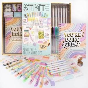 STMT DIY Journal Set, 70-Sheet Hardcover Spiral-Bound Kit, Over 35 Stationery Supplies, Including Stickers, Frames, Pen, Keychain, Glue Stick & More, Girls Gifts(Positivity Journaling Set)