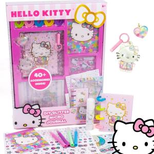 Hello Kitty DIY Glitter Micro Journal by Horizon Group USA, 40+ Stationery Accessories Including Hello Kitty Stickers, Surprise Keychain, Interchangeable Binder Discs, Squishy Glitter Cover & More(Journaling Set)