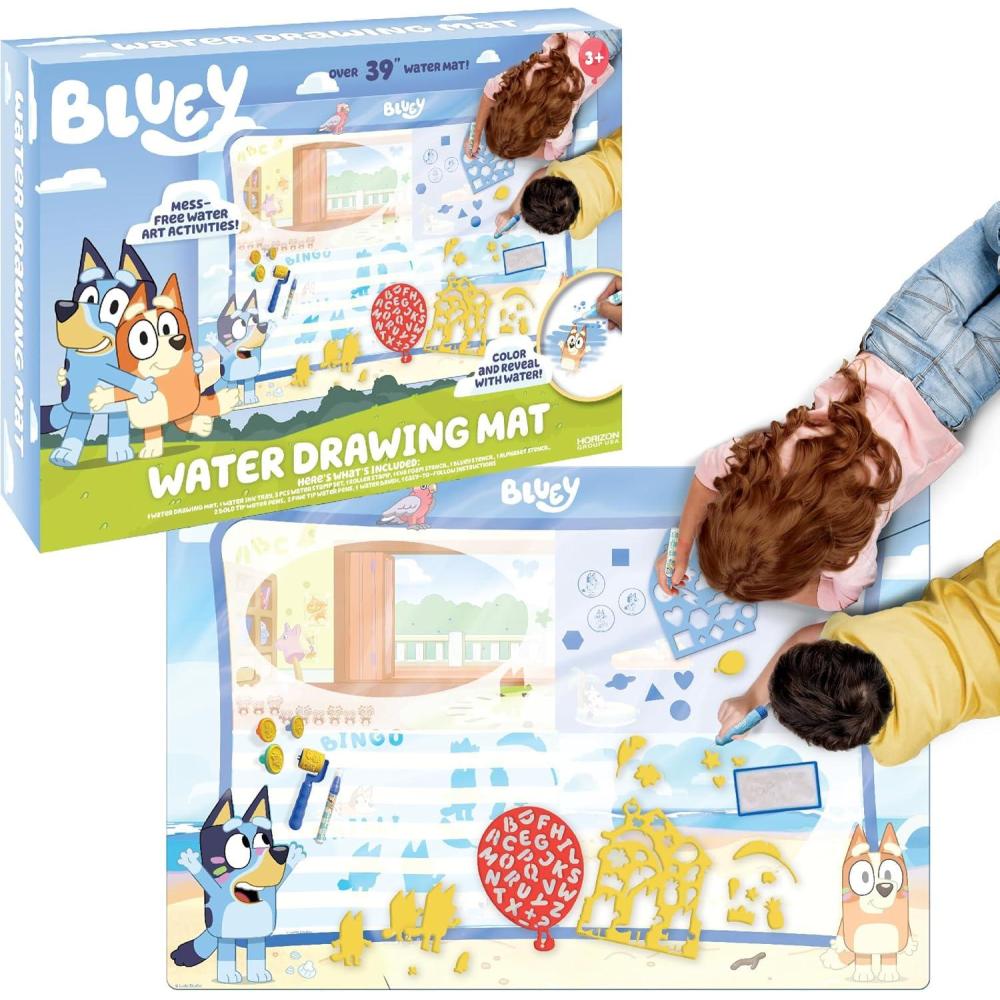 imageBaby Shark Water Drawing Mat by Horizon Group USA Includes Reusable 40Inch Water Drawing Mat Refillable Water Brush ampamp Pens Stencils MessFree Water Art for Toddlers Age 3Bluey