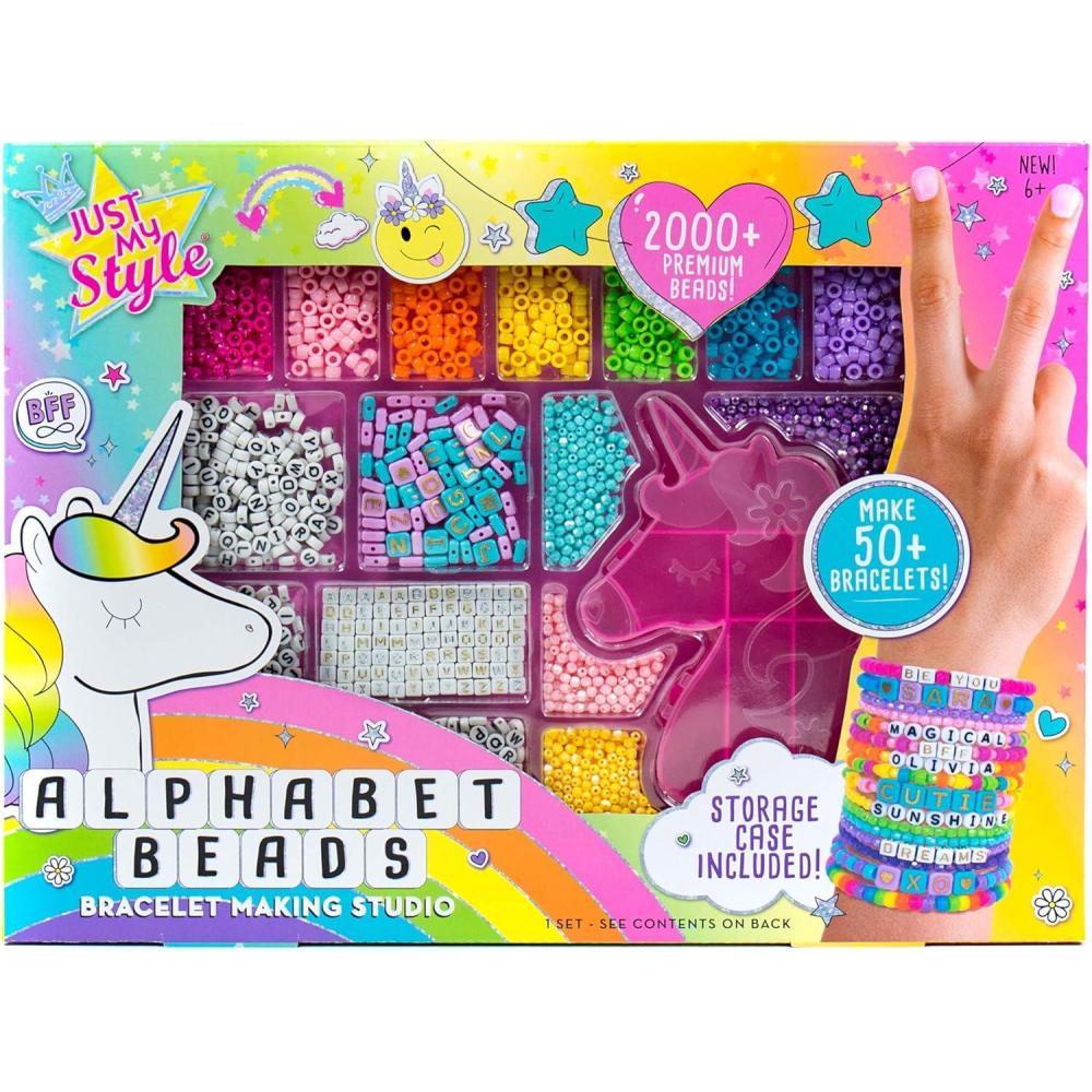 imageJust My Style ABC Beads by Horizon Group Usa 1000 Charms ampamp Beads Alphabet Charms Accent Seed Star Wax Beading Cord Satin Cord Key Ring Included Bright SmallAlphabet