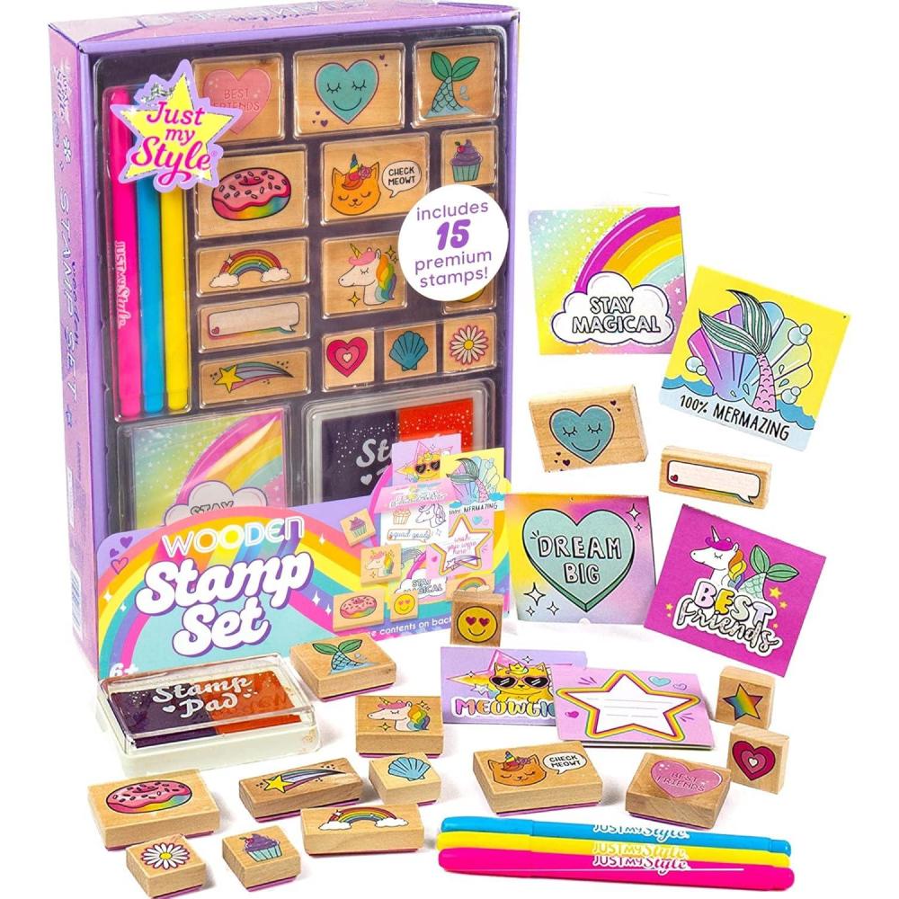 imageJust My Style Wood Stamp Set by Horizon Group USA 15 Wooden Stamps Scrapbooking Sheets Colorful Markers Stationery Set 2Tone Stamp Pad