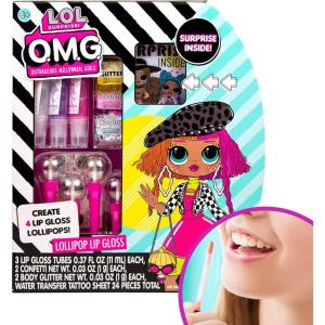L.O.L. Surprise! O.M.G. Lollipop Lip Gloss by Horizon Group USA, Create 4 LOL Surprise Lip Glosses, Includes 4 Lip Gloss Containers, 3 Fun Flavors, Confetti, Surprise Temporary Tattoos & More