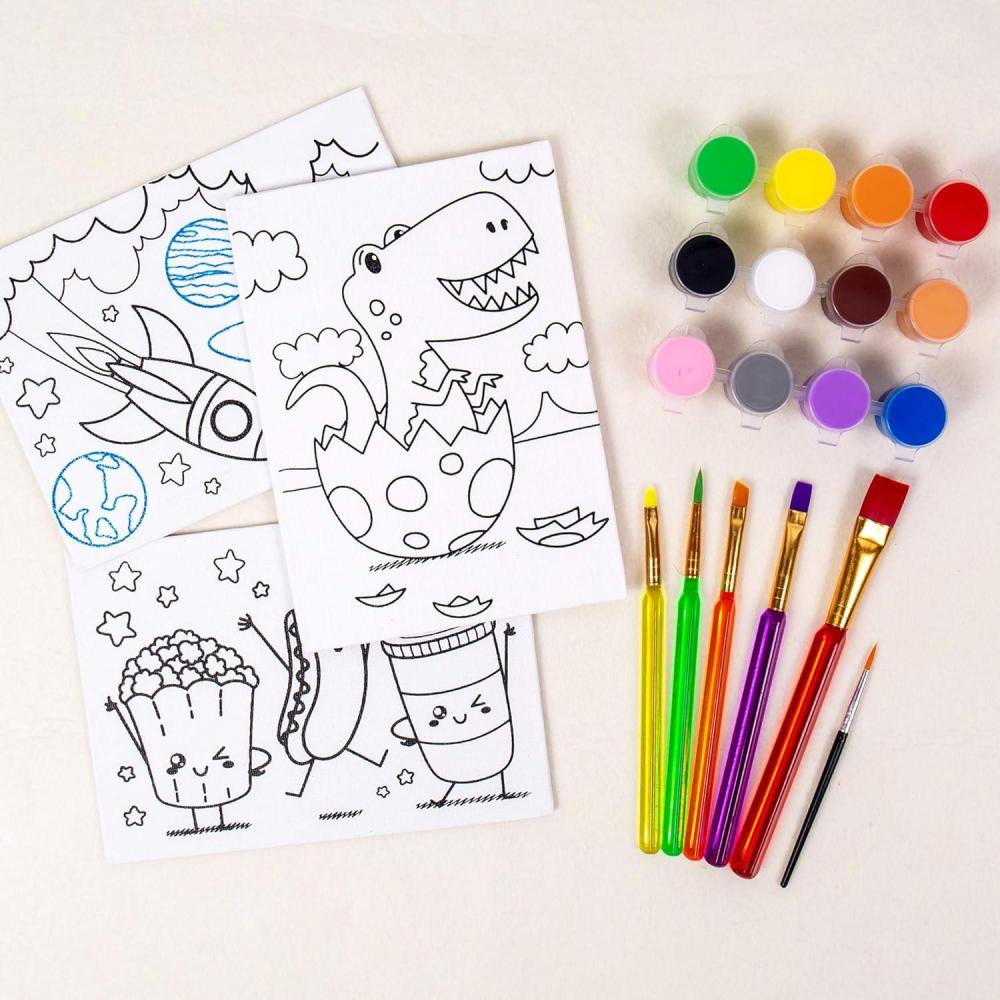 imageHorizon Group USA PrePrinted Canvas ampamp Paint Art Set Ready to Paint 5quot x 7quot Canvas Panels 12 Tempera Paints 6 EasyGrip Assorted Paintbrushes Included Dino Space ampamp FoodDinoSpaceFood