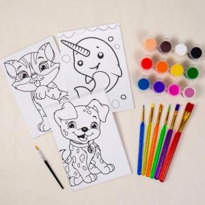 Horizon Group USA Pre-Printed Canvas & Paint Art Set. Ready to Paint 5″ x 7″ Canvas Panels, 12 Tempera Paints, 6 Easy-Grip Assorted Paintbrushes Included. Dino, Space & Food.(Dog-Cat-Narwhal)
