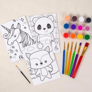 Horizon Group USA Pre-Printed Canvas & Paint Art Set. Ready to Paint 5″ x 7″ Canvas Panels, 12 Tempera Paints, 6 Easy-Grip Assorted Paintbrushes Included. Dino, Space & Food.(Panda-Fox-Unicorn)