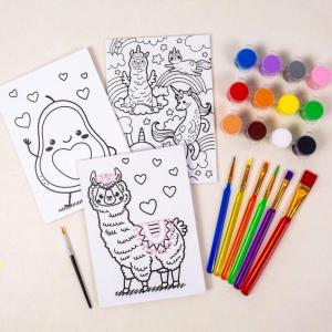 Horizon Group USA Pre-Printed Canvas & Paint Art Set. Ready to Paint 5″ x 7″ Canvas Panels, 12 Tempera Paints, 6 Easy-Grip Assorted Paintbrushes Included. Dino, Space & Food.(Avacado-Llama-Friends)