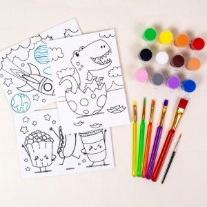 Horizon Group USA Pre-Printed Canvas & Paint Art Set. Ready to Paint 5″ x 7″ Canvas Panels, 12 Tempera Paints, 6 Easy-Grip Assorted Paintbrushes Included. Dino, Space & Food.(Dino-Space-Food)