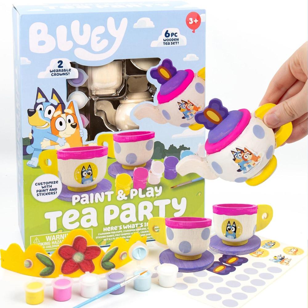 imageBluey Paint ampamp Play Tea Set  6Piece Wooden Set Customize with Paint ampamp Stickers 2 Wearable Crowns Fun Toys for Kids Cute Birthday Party Decorations Pretend Play