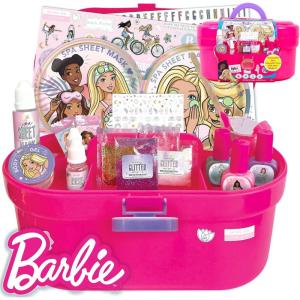 Barbie Cosmetic Case by Horizon Group USA, DIY Beauty Kit for an at-Home Spa Day, Create Your Own Face Sheet Masks, Nail Art & Body Glitter, Includes Reusable Storage Case with Removable Tray