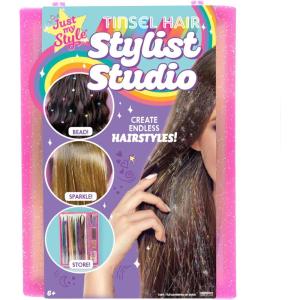 Just My Style All-in-One Hair Stylist, 4-in-1 Styling Tool with Gem Stamper, Beader, Chalk, and Brush – Fun Hair Accessories for Girls 8-12(Tinsel Hair)