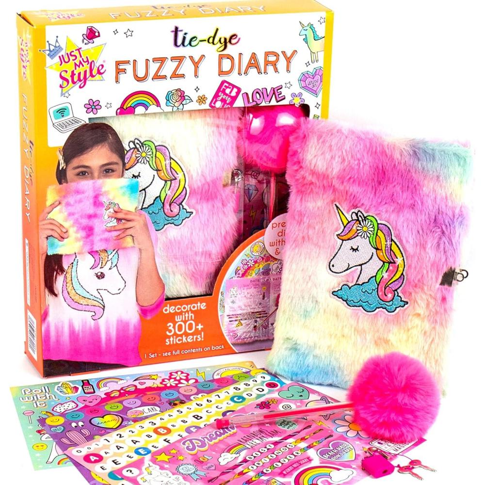 imageJust My Style TieDye Fuzzy Diary by Horizon Group USA Hardcover Diary with Lock ampamp Key Decorate with 300 Stickers Includes Pen with Fuzzy Cap ampamp Soft TieDye Cover Multi 207906J