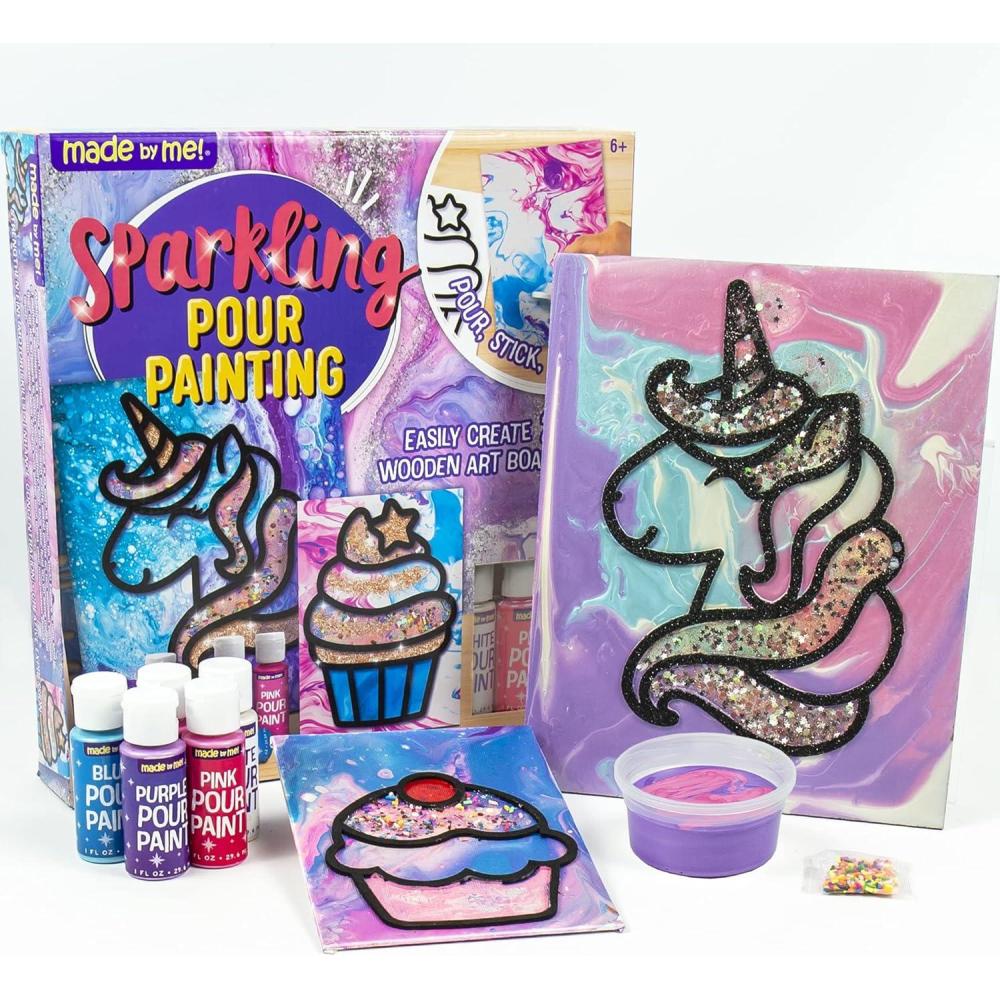 imageMade By Me Sparkling Pour Painting Set 14Piece Paint Set Pour Painting Supplies Paint Pouring Kit Pour Paint for Kids Includes 5 Pour Paints Protective Gloves Foam Stickers ampamp 2 Canvases