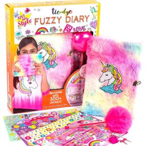 Just My Style Tie-Dye Fuzzy Diary by Horizon Group USA, Hardcover Diary with Lock & Key, Decorate with 300+ Stickers, Includes Pen with Fuzzy Cap & Soft Tie-Dye Cover, Multi (207906J)