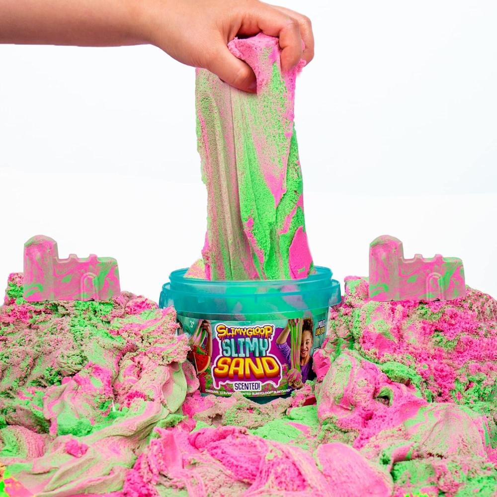 imageSLIMYSAND by Horizon Group USA 15 lbs of Berry Scented Moldable Stretchable Expandable Cloud Slime Blue ampamp Purple Marbled Slimy Play Sand in Reusable Bucket Non Stick Sensory ActivityPink  Neon Green