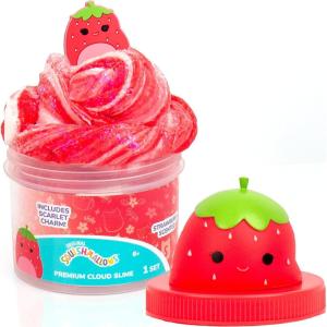 Original Squishmallows Ashely The Apple Premium Cloud Slime, Green Apple-Scented, 8 oz., Storage Container with Figurine Topper, Rubber Charm, Goodie Bags Stuffers, Kids Party Favors, Sensory Toys(Scarlett- Strawberry)