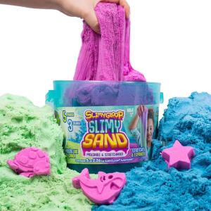 SLIMYSAND Bucket – 5 Pounds of Slimy Sand in 3 Colors (Blue, Green, Purple) – Cotton Candy Sand Play Set with 3 Molds and Reusable Bucket for Storage – Super Stretchy & Moldable Cloud Slime(Blue/Green/Orange)