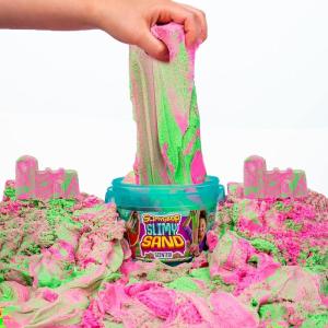 SLIMYSAND by Horizon Group USA, 1.5 lbs of Berry Scented Moldable, Stretchable, Expandable Cloud Slime, Blue & Purple Marbled, Slimy Play Sand in Reusable Bucket, Non Stick, Sensory Activity(Pink & Neon Green)