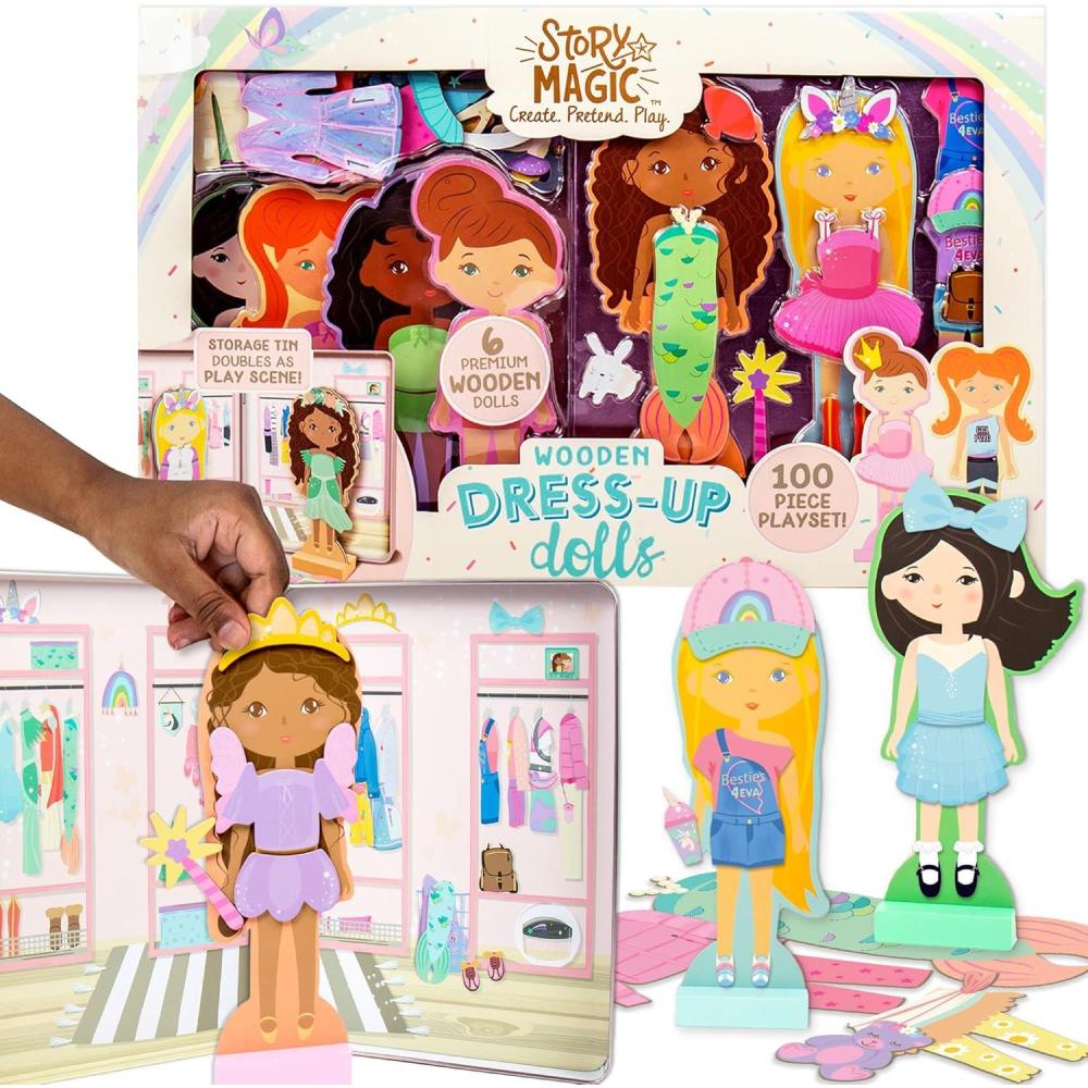 imageStory Magic DressUp Dolls Playset Pretend Play Magnetic Case Magnet Outfit and Accessory Pieces Great for Travel or Playdates Magnetic On The Go Activity Set for Ages 4 5 6 7  PinkWooden Dress Up 6 Dolls