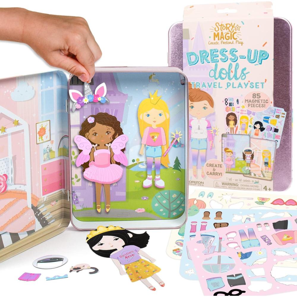 imageStory Magic DressUp Dolls Playset Pretend Play Magnetic Case Magnet Outfit and Accessory Pieces Great for Travel or Playdates Magnetic On The Go Activity Set for Ages 4 5 6 7  PinkTravel Dress Up
