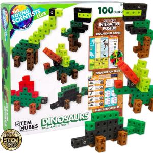The Young Scientists Club STEM Cubes, Build, Learn & Create with 100+ Math Cubes Manipulatives, 4-in-1 Educational Games, Math Cubes for Kids Ages 4-8, Awesome Learn Through Play Toys(Dinosaurs)