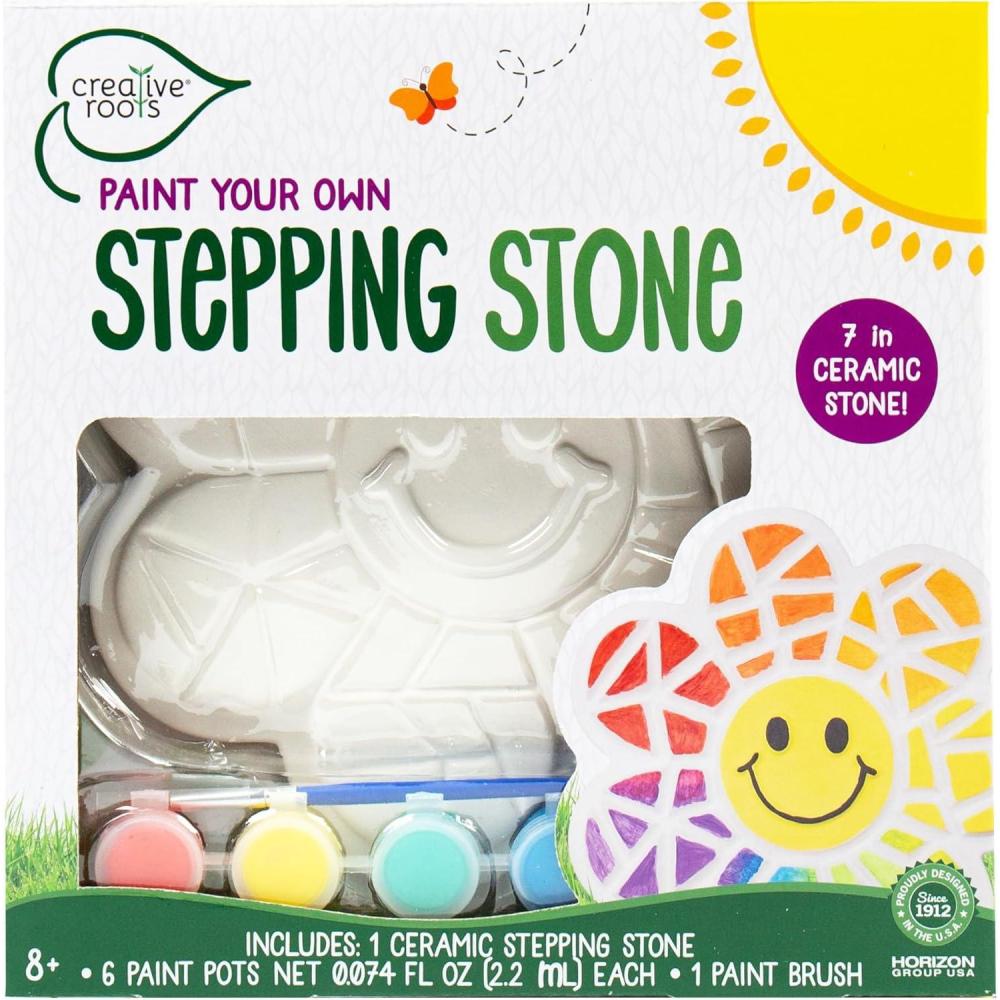imageCREATIVE ROOTS Paint Your Own Smiley Daisy Stepping Stone 7 Inch Stepping Stone Kit with 6 Acrylic Paints and Paintbrush Great Kids Craft Painting Kits for Kids Ages 812 Creativity for Kids
