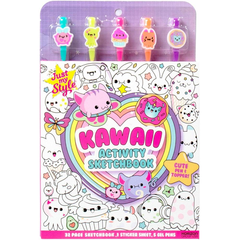 imageJust My Style Kawaii Activity Sketchbook 20Page Sketch Book with 5 Gel Pens Kawaii Pen Toppers Kawaii Coloring Book Fun Drawing Pad Cute Sketch Pad With Prompts Sketch Book For KidsMulticolor