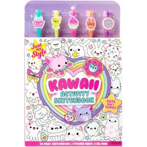 Just My Style Kawaii Activity Sketchbook, 20-Page Sketch Book with 5 Gel Pens, Kawaii Pen Toppers, Kawaii Coloring Book, Fun Drawing Pad, Cute Sketch Pad With Prompts, Sketch Book For Kids(Multicolor)