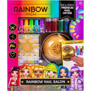 Rainbow High Rainbow Nail Salon by Horizon Group USA, Includes 5 Nail Polishes, Nail Stickers, Stick-On Nails, Glitter & Nail Dryer, Nail Art Kit for Girls Ages 7-12(Rainbow Nail Salon)