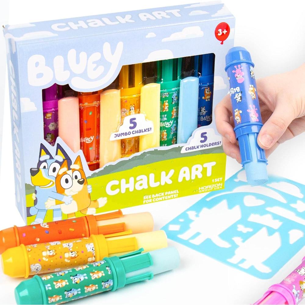 image:imageOfficial Bluey Chalk Art 5Pack Vibrant Sidewalk Chalk For Kids Includes 5 Chalks Chalk Holders amp Reusable Stencil Outside Toys for Toddlers 13 Bluey Birthday Party Supplies Bluey Toys