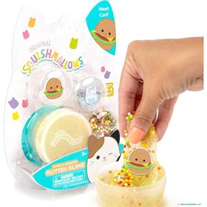 Original Squishmallows Glitter Slime, Mini Maya The Ice Cream Charm, Chocolate Scented, 3 Fun Add-Ins, Pre-Made Slime for Kids, Great 6 Year Old Toys(Carl the Burger)