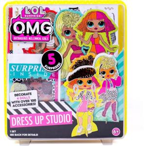 LOL OMG Dress Up Studio by Horizon Group USA, Decorate 4 Dolls with Over 100 Accessories, DIY Fashion Craft Kit, Mix & Match Fabrics & Patterns, Use Gemstones, Stickers & More(Dress Up Studio)