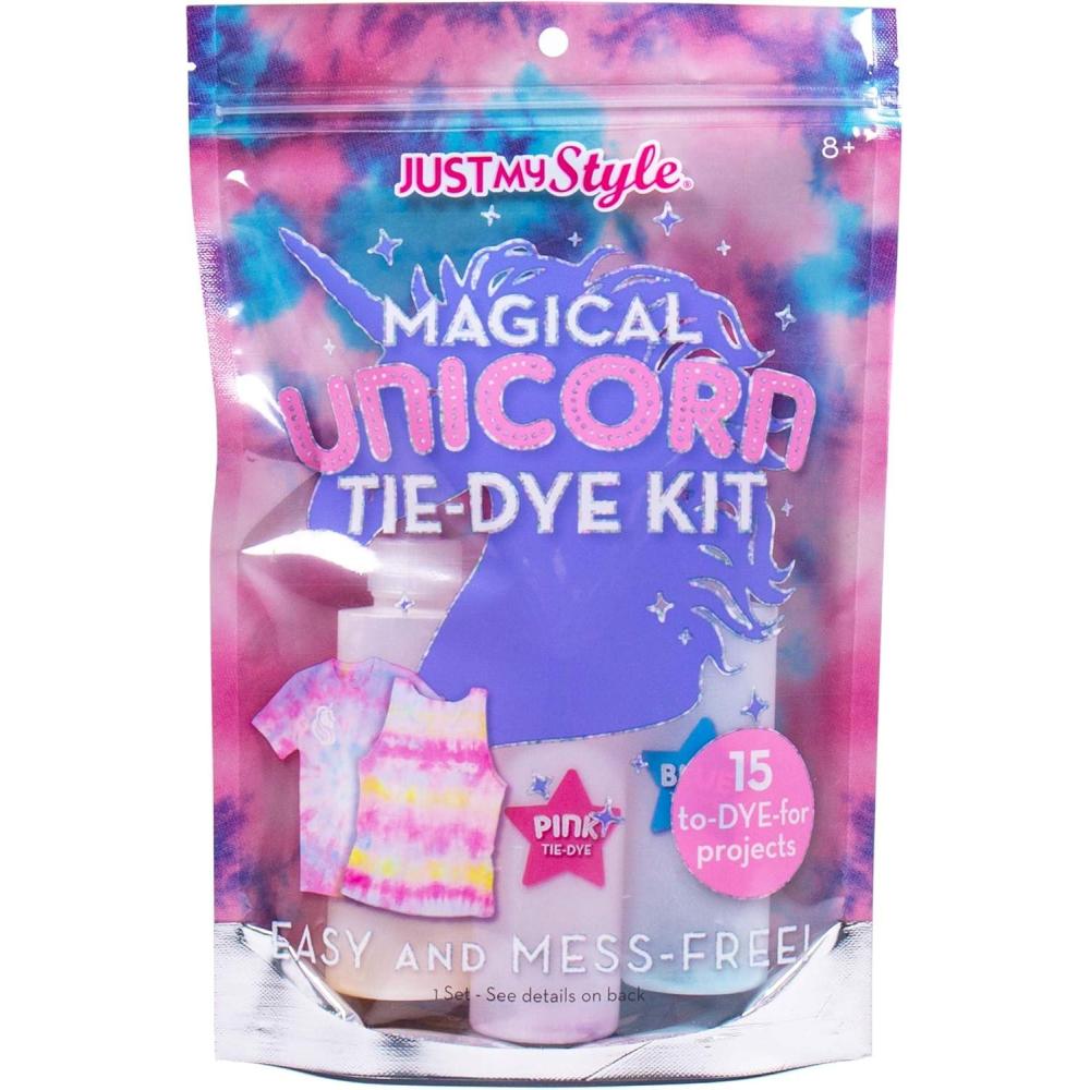 image:imageJust My Style Magical Unicorn TieDye by Kit Horizon Group USACreate 15 DIY Tie Dye ProjectsKit Includes GlovesColor Mixing Bottles ColorsRubber Bands  One Iron On UnicornPinkYellowBlueUnicorn