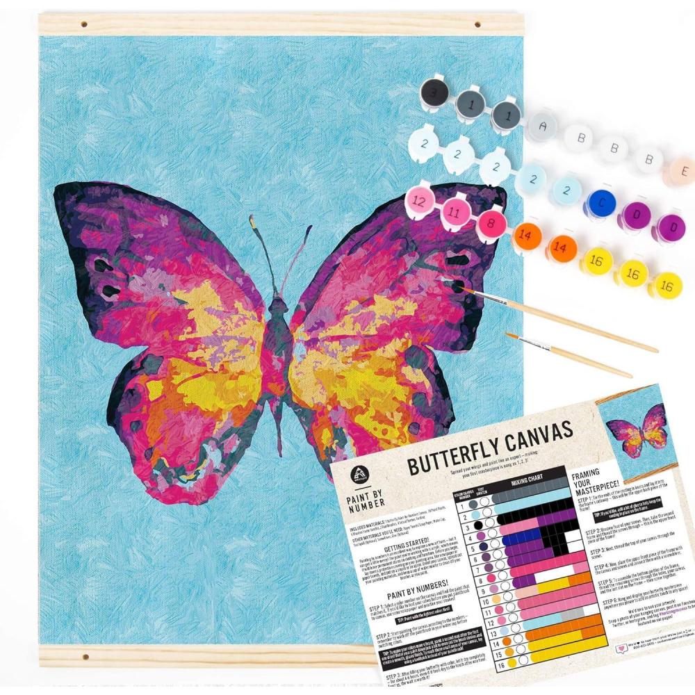 image:imageHorizon Group USA Butterfly on Cloth Canvas 16 x 20 Includes Wooden Frame amp 2 Paintbrushes 24 Acrylic Paints Paint by Numbers for Adults Great for BeginnersButterfly
