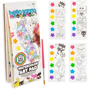 Hello Sanrio® Watercolor Art Pad, Hello Sanrio® Watercolor Art Pad w/ 20 Unique Pages, Mini Paintbrush & 6 Mess Free Watercolor Paint Colors w/Water Books & Great Travel Activities for Kids