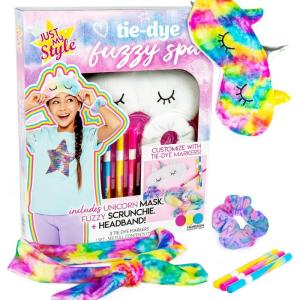Just My Style Fuzzy Spa Tie-Dye Set by Horizon Group USA, Create 3 Soft Tie-Dye Spa Day Essentials with Vibrant Brush Marker Colors, Mess-Free, DIY Kit for Kids(Fuzzy Spa)
